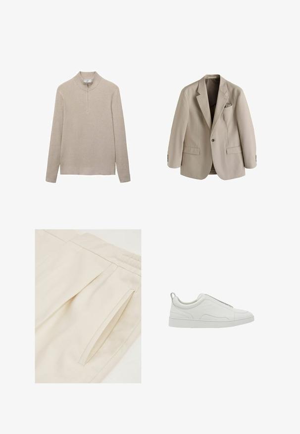 Beige yksirivinen miesten bleiseri, jossa lovetut kaulukset, kaksi etutaskua läpällä ja rintatasku, jossa taiteltu taskuliina.; Beige ribbattu neule, jossa on korkea kaulus ja puolivälin vetoketju. Pitkät hihat ja kapea helma tekevät tekstuurista näyttävän.; Reiss REGULAR FIT - BRIGHTON WITH TURN UPS - Chinot - ecru; Valkoinen matala tennari slip-on-mallilla, pehmustettu kaulus ja vetolenkki kantapäässä, jossa on paksu kumipohja ja sileä nahkapäällinen.