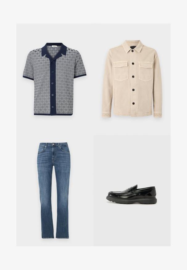 Veste beige boutonnée avec col, deux poches poitrine à rabat et deux poches latérales, réalisée dans un tissu doux.; Chemise à manches courtes avec col et patte de boutonnage bleu marine, présentant un motif texturé gris et blanc et une bordure bleu marine aux manches et à l'ourlet.; Jean denim bleu à jambes droites avec poches avant, fermeture à boutons et léger effet délavé sur les cuisses et les genoux.; Mocassin en cuir noir avec une finition brillante, bout arrondi, détails de couture subtils et semelle en caoutchouc épaisse pour la durabilité.