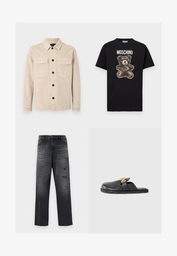 Beige Hemdjacke mit Kragen, zwei Brusttaschen mit Klappen und zwei Seitentaschen, hergestellt aus weichem Stoff.; Schwarzes Baumwoll-T-Shirt mit einem braunen Bärenmotiv in Vintage-Optik. "MOSCHINO"-Schriftzug oberhalb des Bären in fetten weißen Buchstaben.; Schwarze Denim-Jeans mit lässiger Passform, die ein verblasstes Design und abgenutzte Stellen aufweisen. Standard-Fünf-Taschen-Stil und mit Knopfverschluss.; Schwarze Leder-Mules zum Hineinschlüpfen mit einem goldfarbenen, dekorativen Riemen und einer niedrigen, strukturierten Gummisohle auf einem einfarbigen Hintergrund.