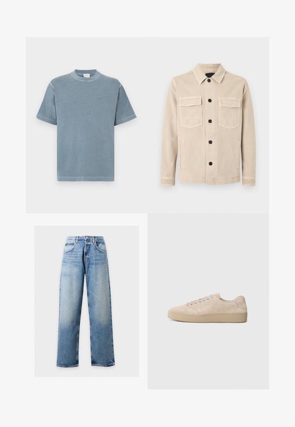 Veste beige boutonnée avec col, deux poches poitrine à rabat et deux poches latérales, réalisée dans un tissu doux.; T-shirt en coton bleu à manches courtes, col rond et broderie de logo subtile. Texture douce avec une coupe décontractée et un ourlet droit.; Jean en denim bleu clair à jambes larges avec poches avant, passants de ceinture et fermeture par bouton sur un fond uni.; Baskets en daim beige avec un bout rond, des lacets plats et une semelle en caoutchouc texturé. Design minimaliste avec des bords lisses et des coutures discrètes.