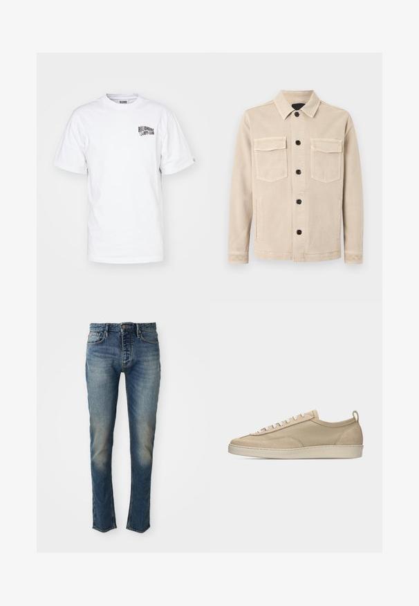 Beige Hemdjacke mit Kragen, zwei Brusttaschen mit Klappen und zwei Seitentaschen, hergestellt aus weichem Stoff.; Weißes T-Shirt aus Baumwolle mit rundem Ausschnitt, kurzen Ärmeln und kleinem schwarzem Logo auf der oberen linken Brust. Klassische Passform und glatte Textur.; Blaue Jeans aus Denim mit geradem Schnitt, gewaschener Optik, Fünf-Taschen-Design, kontrastierenden Nähten und Metallbeschlägen an der Taille.; Beiger Sneaker mit niedriger Schafthöhe, Obermaterial aus Stoff und Wildleder, weißen Schnürsenkeln, Gummisohle und Fersenlasche, seitlich auf weißem Hintergrund dargestellt.