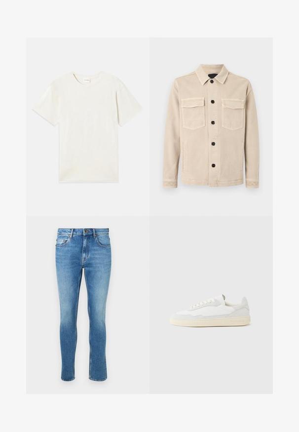 Beige jack met knopen en kraag, twee klepzakken op de borst en twee zijzakken, gemaakt van een zachte stof.; Korte mouwen, ronde hals t-shirt in licht beige, zachte katoenen textuur met een relaxte pasvorm en zonder zichtbare patronen of accenten.; Lichtblauwe denim jeans met een slim fit. Heeft een traditionele vijf-pocketontwerp en subtiele vervaging bij de knieën. Klassieke knoopsluiting.; Witte sneaker met een bovenwerk van gestructureerd suède en leer. Voorzien van een afgeronde neus, vetersluiting en een contrasterende beige rubberen zool.