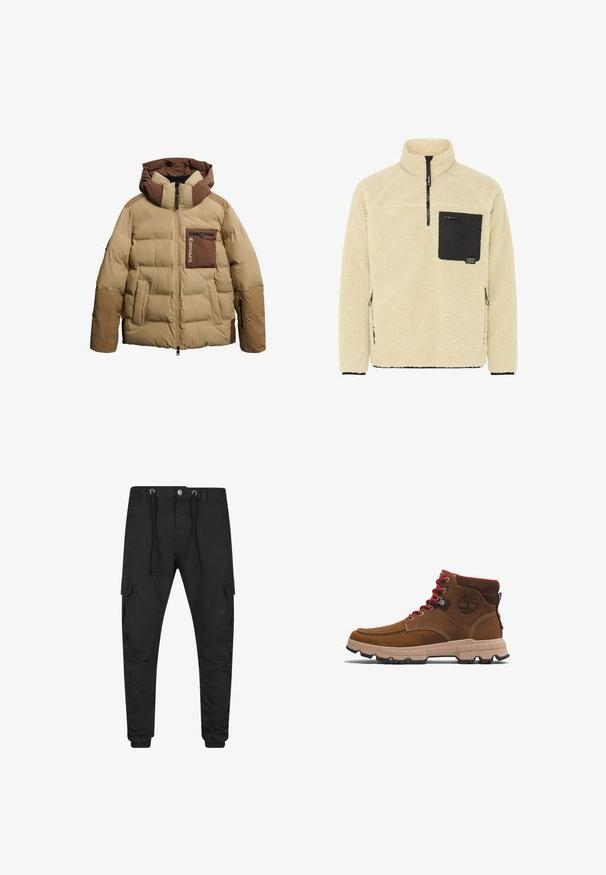 Khaki dunjakke med en brun hætte, der har lynlås foran, sidelommer og en brystlomme med lynlås, quiltet tekstur over det hele.; Fleece-pullover i off-white med en sort lynlås lomme. Har høj krave, lange ærmer og sidelommer med lynlås. Teksturært, hyggeligt materiale.; Sorte smalle cargobukser med elastiske manchetter, for-lynlås og knaplukning, snøre i taljen og klaplommer på hvert lår.; Brune læder ankelstøvler med en tan gummisål, røde snørebånd og et brunt logo på siden. Har polstret ankel og struktureret overflade.
