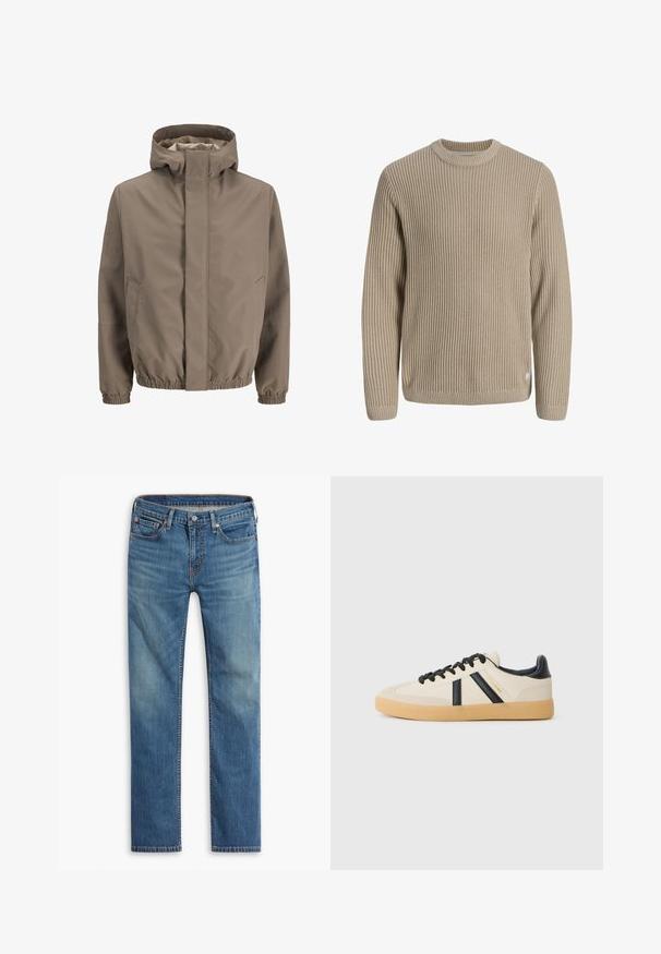 Taupekleurig gewatteerd jack met kap, verborgen ritssluiting aan de voorkant, twee zijzakken, elastische manchetten en een elastische zoom, ontworpen voor gebruik buitenshuis.; Beige geribde gebreide trui met lange mouwen en ronde hals, weergegeven tegen een lichte achtergrond.; Blauwe rechte denim jeans met een sluiting van een knoop en rits aan de voorkant, vijf-pocket ontwerp en subtiele vervaging op de bovenbenen en knieën.; Casual sneakers in crème met zwarte strepen, voorzien van een gestructureerde bovenkant en een gumrubberen zool. Veters zijn zwart. Subtiel logo aan de zijkant.