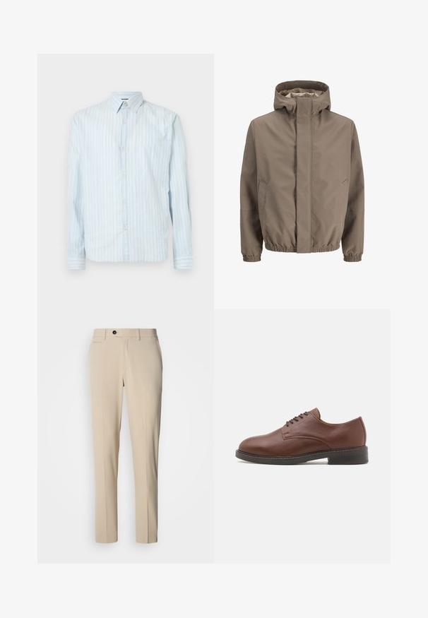 Taupefarbene Kapuzenjacke mit verdecktem Frontreißverschluss, zwei Seitentaschen, elastischen Bündchen und elastischem Saum, entworfen für den Außenbereich.; Hellblaues Button-up-Hemd mit weißen vertikalen Streifen, klassischem Kragen, langen Ärmeln und zwei Knopfakzenten an den Ärmeln.; Beige maßgeschneiderte Hose aus glattem Stoff, mit geradem Schnitt, Fronttaschen, einer einzelnen Gesäßtasche und Knopfverschluss.; Braune Leder-Dressschuhe mit abgerundeter Zehenpartie, Schnürdesign und einer soliden schwarzen Gummisohle. Glatte Textur mit einem subtilen Glanz.