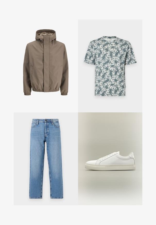 Taupe hættejakke med skjult lynlås foran, to sidelommer, elastiske manchetter og elastisk kant, designet til udendørs brug.; Kortærmet T-shirt i teal-farve med et hvidt blomsterdesign. Fremstillet af letvægtsstof med en afslappet pasform.; Lyseblå denimjeans med lige ben, der har en knap- og lynlås lukning, fem lomme-stil og subtilt slid.; Hvid lavtop sneaker med snørebånd foran og tyk sål, vist fra siden mod en neutral baggrund.