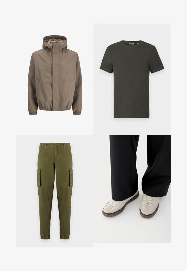Taupe hættejakke med skjult lynlås foran, to sidelommer, elastiske manchetter og elastisk kant, designet til udendørs brug.; Mørkegrøn kortærmet t-shirt med rund halsudskæring, lavet af ribbet materiale; har et enkelt, minimalistisk design uden mønstre.; Olivengrønne cargo-bukser med elastiske manchetter, der har to sidelommer, en frontlukning med knap og et glat, let materiale.; Fødder iført beige sneakers med brune såler og sorte bukser med vide ben på hvid baggrund.