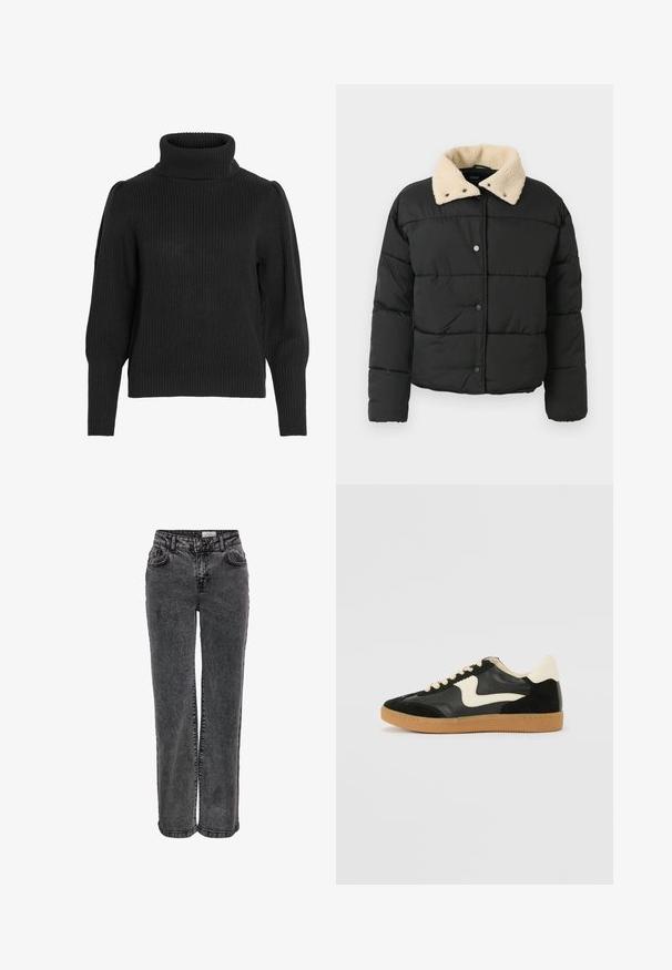Sort pufferjakke med en cremefarvet kunstpelskrave, trykknaplukning og quiltet design. Har lange ærmer og struktureret stof.; Sort strikket sweater med en høj, ribbet halsudskæring. Har dropped shoulders og ribbede manchetter ved de lange ærmer, tekstureret stof.; Sorte denimjeans med lige ben, der har forlommer, bæltestropper og en subtil, falmet tekstur.; Sorte ruskinds- og lædersneakers med en cremefarvet side-swoosh og lys cremefarvet hæl. Har beige snørebånd og en gummirubber-sål.