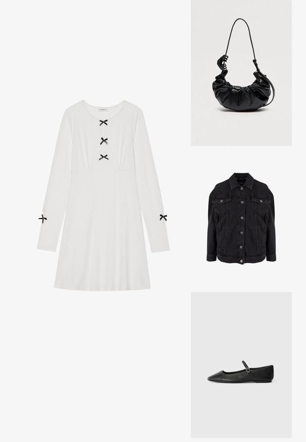 Chaqueta de denim negra con botones metálicos en la parte delantera, dos bolsillos con solapa y botones en el pecho, y cuello clásico.; Vestido blanco de manga larga hecho de tela acanalada, con tres lazos negros en la parte delantera y dos en las mangas. Cuello redondeado, forma tipo A.; Bailarinas de cuero negro con punta afilada, suela plana y una pequeña correa con hebilla alrededor del tobillo para un ajuste seguro.; Bolso de mano negro de cuero fruncido con correa ajustable para el hombro y gran clip para el cabello negro sujeto a la correa sobre fondo liso.