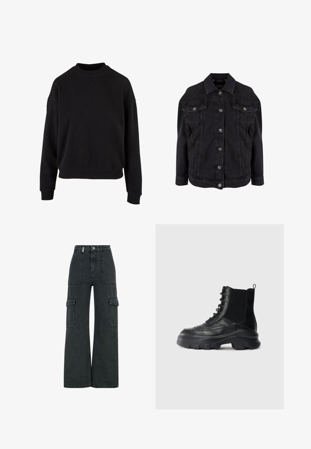 Sort denimjakke med metal knapper foran, to brystlommer med klapper og knapper samt klassisk krave.; Sort sweatshirt lavet af blødt bomuld, har rundt halsudskæring, sænkede skuldre og ribbede manchetter med en afslappet pasform.; Sorte denim cargo bukser med brede ben, der har to store sidelommer, en knaplukning og synlige sy-detaljer.; Sort læderkampstøvle med tykk lug sål, elastisk panel på siden, snørebånd foran og pull tab på ensfarvet hvid baggrund.