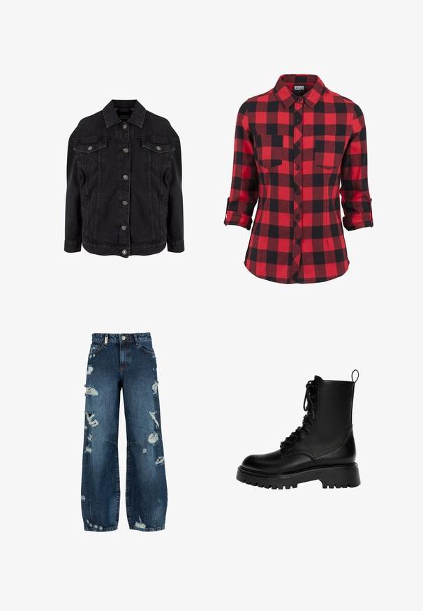 Veste en denim noire avec boutons métalliques sur le devant, deux poches poitrine à rabat avec boutons et col classique.; Chemise en flanelle à carreaux rouge et noir, manches longues avec poignets retroussés, col pointu, deux poches poitrine, devant à boutons, texture douce.; Jean bleu taille haute à jambes larges avec plusieurs déchirures usées et détails effilochés à l'avant et sur les jambes.; Botte de combat noire en cuir à lacets avec semelle épaisse crantée et boucle d'aide à l'enfilage à l'arrière, vue de profil sur fond blanc.