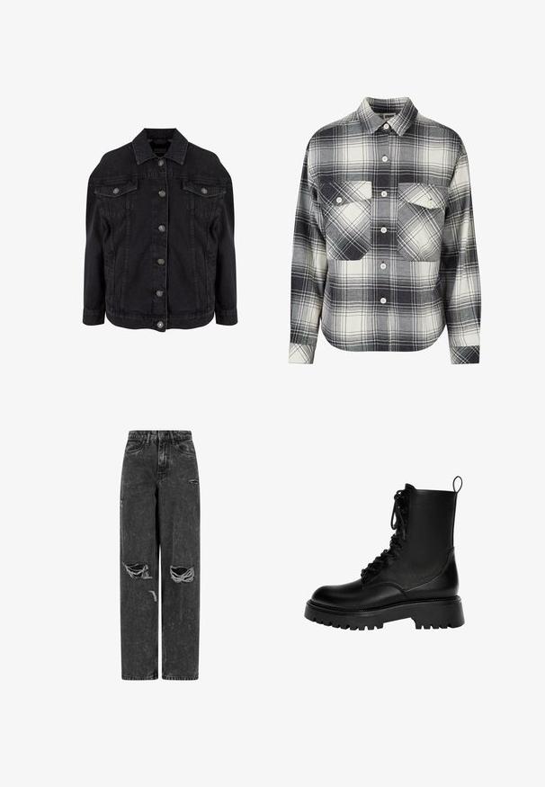 Sort denimjakke med metal knapper foran, to brystlommer med klapper og knapper samt klassisk krave.; Rutet flannel skjorte i sort, hvid og grå. Har knaplukning foran, to brystlommer og lange ærmer med knapmansjetter.; Sorte højtaljede brede bukser af jeans med rifter på knæene og slidte detaljer på en hvid baggrund.; Sorte snørebånd ankelstøvler lavet af syntetisk læder, med en kraftig sål, trækstrop og fremtrædende syninger.