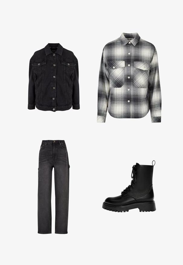 Sort denimjakke med metal knapper foran, to brystlommer med klapper og knapper samt klassisk krave.; Rutet flannel skjorte i sort, hvid og grå. Har knaplukning foran, to brystlommer og lange ærmer med knapmansjetter.; Højtaljede cargo jeans i sort denim med vid ben-design, sidelommer og subtile falmning detaljer. Holdbart stof og kontraststik.; Sorte snørebånd ankelstøvler lavet af syntetisk læder, med en kraftig sål, trækstrop og fremtrædende syninger.