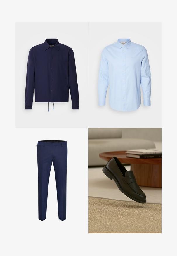Marineblaue Windjacke mit Kragen, vorderen Druckknöpfen, elastischen Bündchen und Kordelzugsaum. Mit seitlichen Taschen.; Himmelblaues Langarm-Hemd mit Knopfleiste, Button-Down-Kragen, weißen Knöpfen und subtil gesticktem Logo auf der linken Brust.; Marineblaue maßgeschneiderte Hose aus einem glatten Stoff, mit schmaler Passform und flacher Vorderseite ohne sichtbare Taschen oder Verzierungen.; Schwarzer Lederloafer-Schuh schwebt über einem beige gewebten Teppich, mit einem Holztisch und gestapelten Büchern in einem sanft beleuchteten Wohnzimmer.