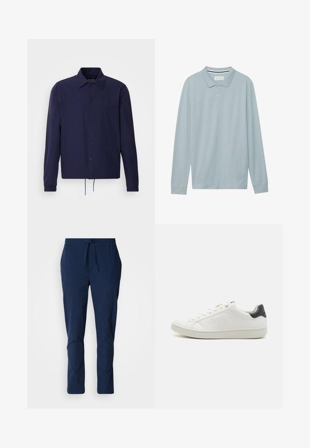 Chaqueta cortavientos azul marino con cuello tipo solapa, botones a presión en la parte delantera, puños elásticos y dobladillo con cordón. Cuenta con bolsillos laterales.; Polo de manga larga en azul claro con cuello plano, tapeta de tres botones y una sutil textura en la tela. Presenta un cuello interior a rayas.; Pantalones azul marino con una tela texturada, cinturilla elástica y cordón. Presenta piernas ajustadas con acentos cosidos en las rodillas.; Zapatilla de cuero blanca con punta redondeada, suela plana de goma, detalles de costura lateral y un acento oscuro en el talón. Cordones con ojales metálicos.