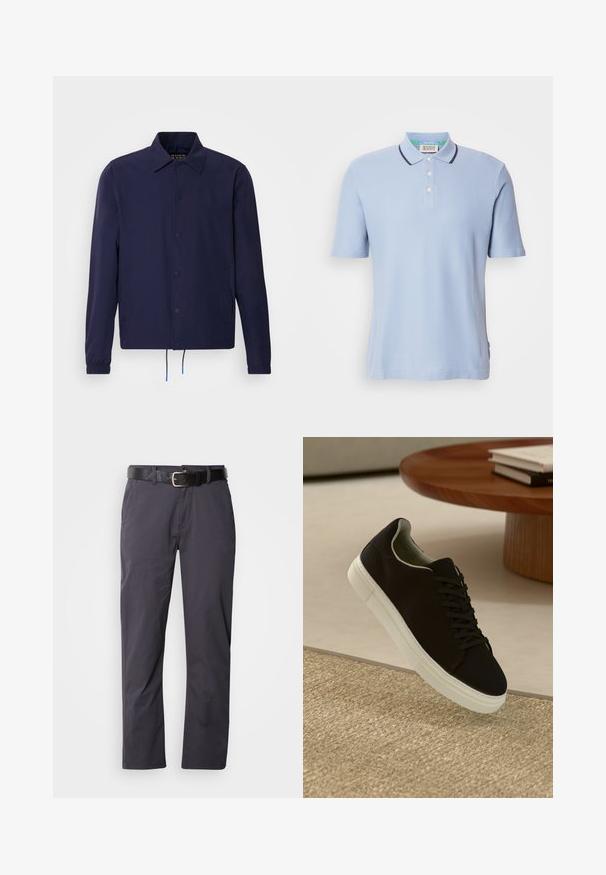 Marineblaue Windjacke mit Kragen, vorderen Druckknöpfen, elastischen Bündchen und Kordelzugsaum. Mit seitlichen Taschen.; Helles blaues Poloshirt aus geripptem Stoff, ausgestattet mit einer Knopfleiste mit zwei Knöpfen, kurzen Ärmeln und einem marineblauen Besatz am Kragen.; Schwarze Baumwollhosen mit geradem Schnitt, ausgestattet mit zwei Fronttaschen und einem Gürtel. Der Stoff hat eine glatte Textur und ein mattes Finish.; Schwarze Sneakers mit weißer Sohle, die über einem beige strukturierten Teppich schweben, in der Nähe eines runden Holztisches mit gestapelten Büchern.