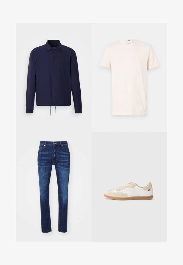 Marineblaue Windjacke mit Kragen, vorderen Druckknöpfen, elastischen Bündchen und Kordelzugsaum. Mit seitlichen Taschen.; Cremefarbendes Baumwoll-T-Shirt, Rundhalsausschnitt, kurze Ärmel, mit einem kleinen orangefarbenen "II"-Logo auf der Brust und einem mehrfarbigen Streifen am Kragen.; Dunkelblaue Jeans aus Denim mit geradem Bein, die fünf Taschen, kontrastierende orangefarbene Nähte und einen klassischen Metallknopfverschluss aufweisen.; Weißer Sneaker mit hellbeigen Wildledereinsätzen, perforierten Details, flachen Schnürsenkeln und einer Gummisohle in Karamellfarbe. Mit gestreiftem Markenlogo an der Ferse.