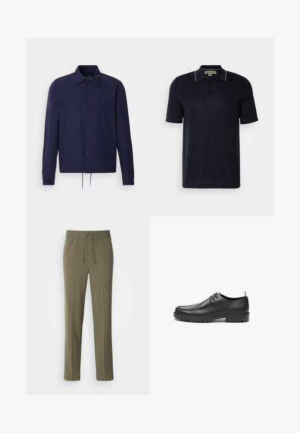 Veste coupe-vent bleu marine avec un col, des boutons pression à l'avant, des poignets élastiques et un ourlet à cordon de serrage. Elle comporte des poches latérales.; Polo shirt bleu marine à manches courtes avec deux boutons et un subtil bord beige sur le col, présenté sur un fond clair uni.; Pantalons légers couleur vert olive avec une taille élastique et un cordon de serrage réglable ; design à jambe droite et texture lisse.; Chaussures en cuir noir avec une finition lisse, bout arrondi et coutures décoratives. Elles possèdent une semelle en caoutchouc avec des rainures de traction et un laçage.