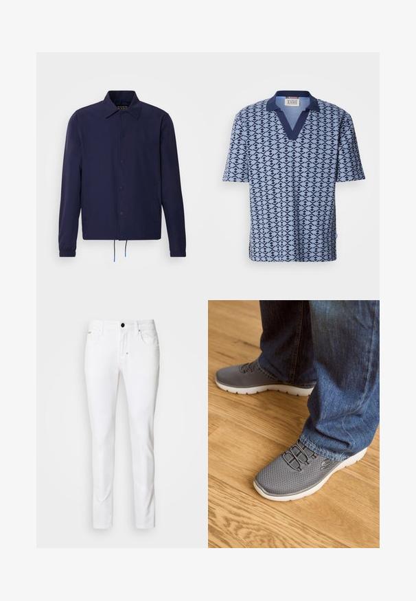 Marineblauwe windjack met een kraag, drukknoopsluiting aan de voorkant, elastische manchetten en een koordjeszoom. Voorzien van zijzakken.; Scotch & Soda PRINTED RELAXED FIT - Poloshirt - faded denim; Witte denim jeans met een rechte pijpdesign, klassieke vijf-pocket stijl, metalen knoopsluiting en subtiele stikseldetails.; Grijze sportschoenen met een bovenwerk van gaas, witte zool en elastische veters. Gecombineerd met blauwe denim jeans, op een houten vloer.