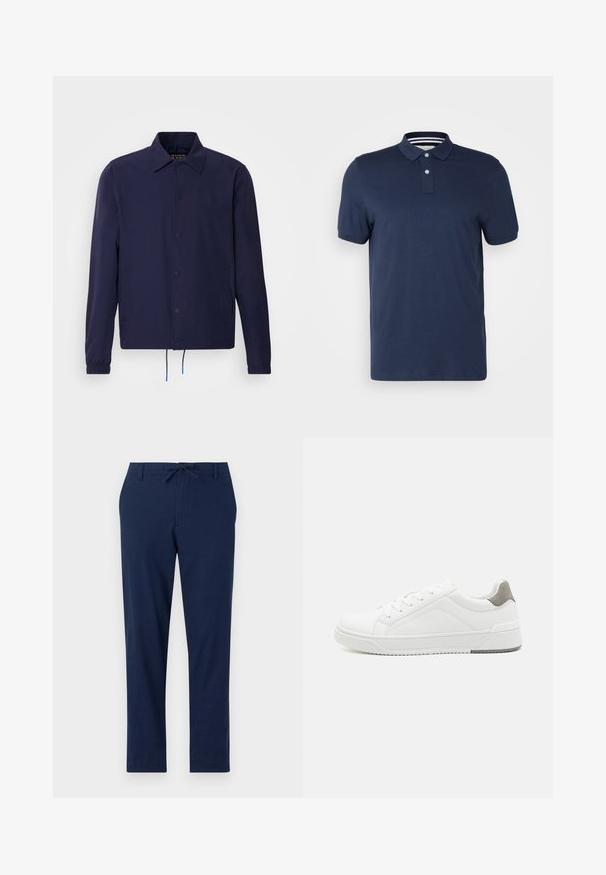 Marineblaue Windjacke mit Kragen, vorderen Druckknöpfen, elastischen Bündchen und Kordelzugsaum. Mit seitlichen Taschen.; Navyblaues Poloshirt aus weicher Baumwolle, mit kragenförmigem Ausschnitt, zwei Knöpfen und kurzen Ärmeln. Gestreifte Innensaum-Detail.; Marineblaue Hosen aus leichtem Material mit einem Kordelzugbund und schmal zulaufenden Beinen, ausgestattet mit Vorder- und Gesäßtaschen.; Weißer Sneaker aus glattem Leder, runde Zehenpartie, minimalistisches Design, graue Fersenkante und strukturierte Gummisohle.