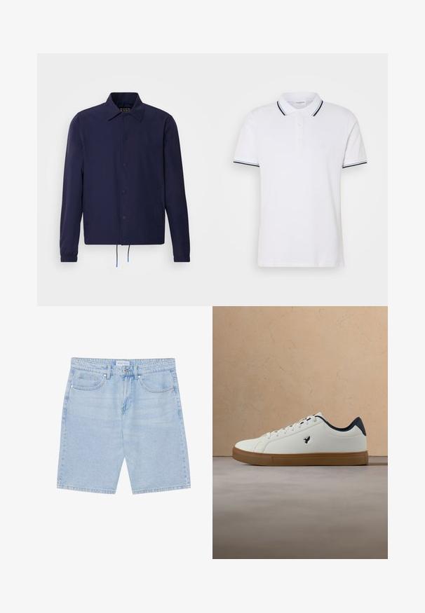 Marineblaue Windjacke mit Kragen, vorderen Druckknöpfen, elastischen Bündchen und Kordelzugsaum. Mit seitlichen Taschen.; Weißes Poloshirt aus Baumwolle mit kragen, einer Knopfleiste mit drei Knöpfen und navyblauen sowie weißen gestreiften Akzenten an den Ärmeln.; Helleblaue Denim-Shorts mit geradem Schnitt, ausgestattet mit Eingrifftaschen, Knopfverschluss und einem ausgewaschenen Finish. Klassisches Fünf-Taschen-Design.; Weißer Sneaker mit brauner Sohle und schwarzem Innenfutter, schwebt über einem beigen strukturierten Teppich in einem modernen Wohnzimmer.