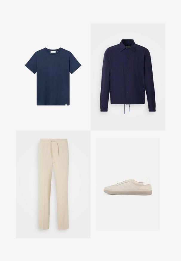 Chaqueta cortavientos azul marino con cuello tipo solapa, botones a presión en la parte delantera, puños elásticos y dobladillo con cordón. Cuenta con bolsillos laterales.; Camiseta de algodón azul marino con cuello redondo, mangas cortas y un pequeño logotipo bordado en el lado izquierdo del pecho. Textura suave.; Pantalones beis con cintura elástica y cordón. Presentan piernas rectas y una textura suave, adecuados para el uso casual o para relajarse.; Zapatilla beige de ante con parte superior texturizada, contrafuerte de talón blanco liso, cordones finos y suela de goma. Presenta un diseño de perfil bajo.
