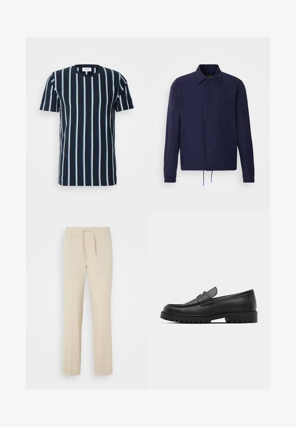 Marineblaue Windjacke mit Kragen, vorderen Druckknöpfen, elastischen Bündchen und Kordelzugsaum. Mit seitlichen Taschen.; StreifenT-Shirt in Marineblau mit vertikalen weißen Streifen, Rundhalsausschnitt, kurzen Ärmeln und lockerer Passform. Glattes Baumwollmaterial.; Beige, elastische Hosen mit einem Kordelzug. Sie haben gerade Beine und eine glatte Textur, geeignet für Freizeit oder Entspannung.; Schwarze Lederloafer mit runder Zehenform, ausgestattet mit einem gesteppten Design, niedrigem Plattformsohle und einer strukturierten, genoppten Gummisohle.