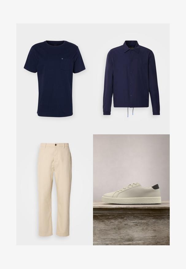 Marineblaue Windjacke mit Kragen, vorderen Druckknöpfen, elastischen Bündchen und Kordelzugsaum. Mit seitlichen Taschen.; Marineblaues T-Shirt mit kurzen Ärmeln und Rundhalsausschnitt mit einer Brusttasche, die ein kleines Logo auf einfarbigem Hintergrund zeigt.; Beige Baumwollhosen mit geraden Beinen, einem Knopfverschluss vorne, Seitentaschen und einer glatten Textur. Minimalistisches Design, ohne sichtbare Muster.; Weißer Sneaker mit strukturierter Sohle und schwarzem Absatzdetail, schwebend über einer Holzbank mit hohem grünem Gras im Hintergrund.