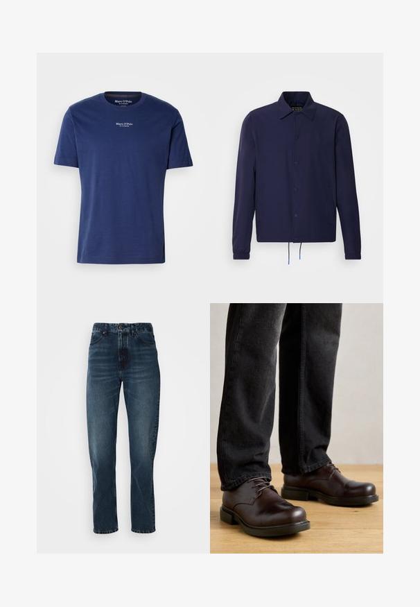 Marineblaue Windjacke mit Kragen, vorderen Druckknöpfen, elastischen Bündchen und Kordelzugsaum. Mit seitlichen Taschen.; Marineblaue Baumwoll-T-Shirt mit kurzen Ärmeln, Rundhalsausschnitt und kleinem weißen Logo auf der Brust. Glatte Textur und lockere Passform.; Dunkelblaue gerade Jeans mit Knopf- und Reißverschluss vorne, Fünf-Taschen-Design und subtiler Ausbleichung an Oberschenkeln und Knien.; Braune Lederschuhe mit abgerundeter Spitze, Schnürdesign und dicker schwarzer Gummisohle, kombiniert mit dunkelblauen Jeans.