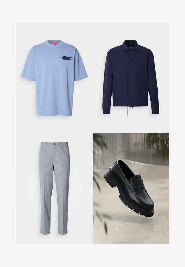 Marineblå vindjakke med krave, frontlukkede trykknapper, elastiske ærmer og justerbar kant. Har sidelommer.; Lyseblå t-shirt med korte ærmer lavet af bomuld. Har en rund halsudskæring og et sort grafisk motiv af pile på den venstre brystområde.; Gråternede bukser, skræddersyet pasform, med en glat stoftekstur, flad front og enkelt knaplukning.; Sorte læder loafers med en chunky sål, der har en dekorativ rem og syninger. Glat tekstur med en poleret overflade.