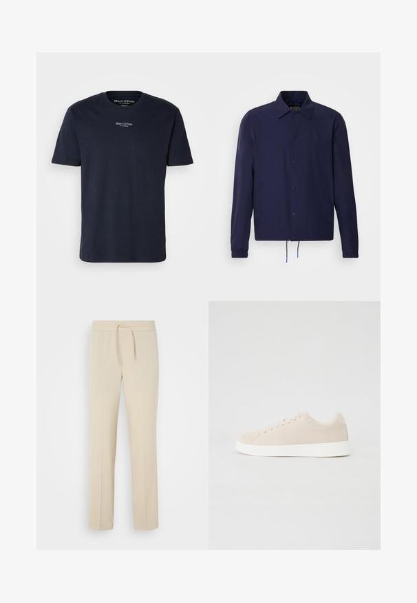 Marineblaue Windjacke mit Kragen, vorderen Druckknöpfen, elastischen Bündchen und Kordelzugsaum. Mit seitlichen Taschen.; Dunkelblaue Baumwoll-T-Shirt mit kurzen Ärmeln, Rundhalsausschnitt, mit kleinem weißen Logo-Text auf der oberen Brust. Angenehme Haptik, normale Passform.; Beige, elastische Hosen mit einem Kordelzug. Sie haben gerade Beine und eine glatte Textur, geeignet für Freizeit oder Entspannung.; Beige Wildlederschuhe mit weißen Gummisohlen, runder Zehenform und sechs Ösen für die Schnürsenkel. Glatte Textur mit minimalistischem Design.