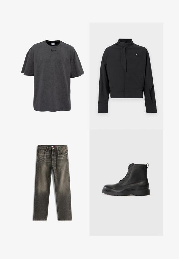 Zwarte lange mouw jas met hoge nek en strikdetail, twee zijzakken, omslag manchetten en een klein kruisend hamerlogo op de borst.; Grijze oversized t-shirt van een katoenmix, met een ronde hals en korte mouwen. Het heeft een subtiele geborduurde logo op de borst.; Grijze denim jeans met rechte pijpen, klassieke vijfzakkenontwerp en metalen knoopsluiting, met subtiele vervaging en Tommy Hilfiger branding.; Zwarte enkellaars van textuurleer met een ronde neus, vetersluiting en een stevige zwarte rubbere zool. Heeft een lus aan de hiel.