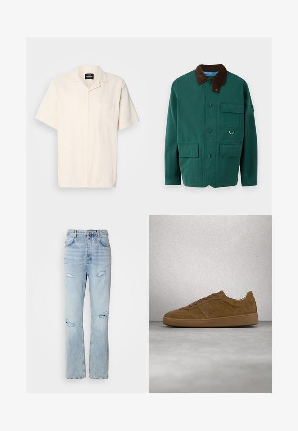 Grøn knap-opp jacket med en brun kordfløjlskrave, to forlommer og en vandret lomme med en metalringdetalje. Glat stoftekstur.; Kortærmet skjorte i cremefarvet med tekstureret stof, camp krave, brystlomme og knaplukning på en ensfarvet baggrund.; Lysvaskede denimjeans med en afslappet pasform, der har slidte områder og frynsede kanter. Stoffet har en blød, glat tekstur.; Brun ruskindsneaker med tanfarvede snørebånd og gummisål. Har en rundet snude og synlige stikninger på overdelen. Letvægtsdesign.