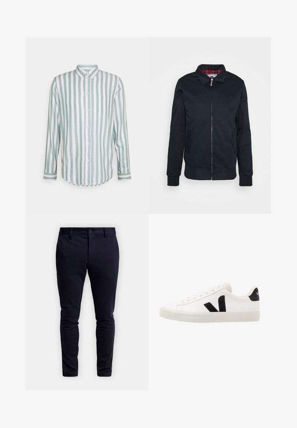 Veste bomber noire avec fermeture éclair, poignets et ourlet côtelés, dotée d'une doublure à carreaux rouges à l'intérieur. Tissu lisse avec poches latérales.; Chemise en coton à manches longues avec des rayures verticales vert menthe et blanches, fermeture à boutons, col, poche poitrine simple et ourlet incurvé.; Pantalons slim-fit bleu marine en tissu extensible, avec une fermeture à bouton, des passants de ceinture et sans motifs ni accents visibles.; Sneaker blanche en cuir avec des accents en daim noir ; dispose d'une semelle en caoutchouc, d'un bout rond et d'un design classique à lacets. Logo latéral en noir.
