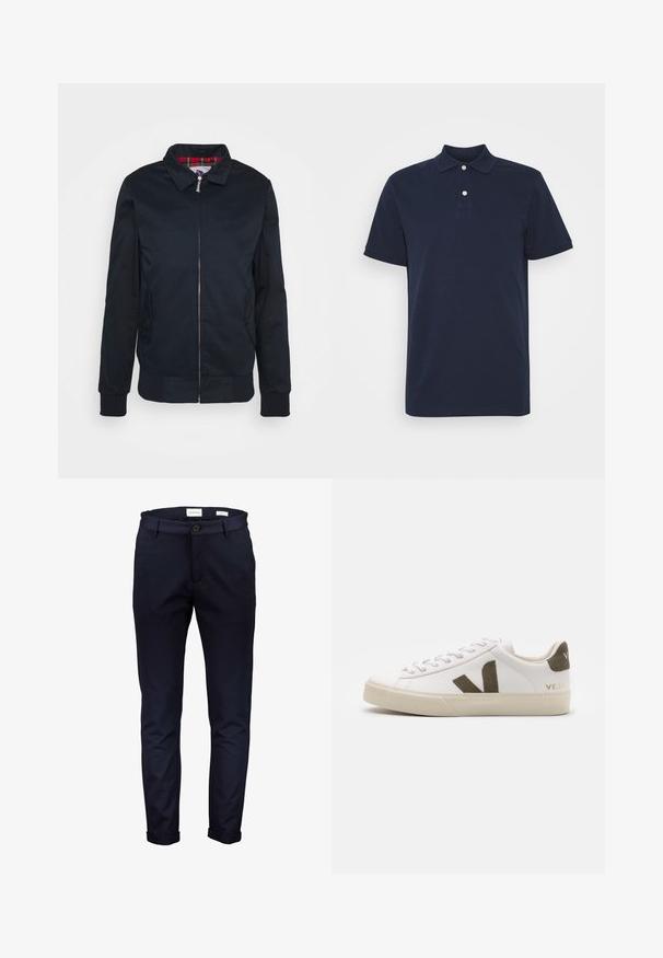 Chaqueta bomber negra con cierre de cremallera, puños y dobladillo acanalados, que presenta un forro de cuadros rojos en el interior. Tejido suave con bolsillos laterales.; Polo de algodón azul marino con cuello clásico, mangas cortas, tapeta de tres botones y sin patrones ni acentos visibles.; Pantalones de algodón azul marino, ajuste slim, con cierre de botón y puños doblados. Textura suave sin patrones o acentos visibles.; Zapatillas de cuero blanco con una suela de goma beige claro. Presenta un logo en forma de V de gamuza marrón y una pestaña en el talón. Cierre con cordones y superficie texturizada.