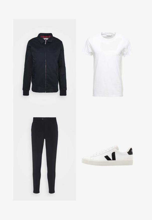 Chaqueta bomber negra con cierre de cremallera, puños y dobladillo acanalados, que presenta un forro de cuadros rojos en el interior. Tejido suave con bolsillos laterales.; Camiseta de algodón blanca con mangas cortas, diseño de cuello redondo y textura suave. Etiqueta visible en el cuello. Estilo simple y clásico.; Pantalones ajustados de color azul marino, con un corte slim, que cuentan con un cierre de botón, bolsillos laterales y una tela suave con una ligera textura.; Zapatilla de cuero blanca con acentos de ante negro; presenta una suela de goma, puntera redonda y un diseño clásico de cordones. Logo lateral en negro.