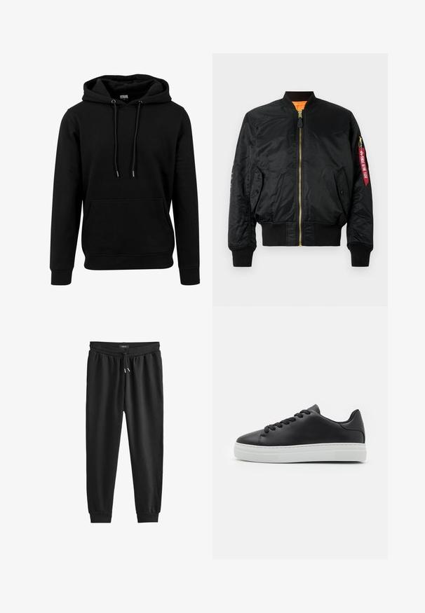 Schwarze Bomberjacke aus glänzendem Material, mit durchgehendem Reißverschluss, gerippten Bündchen und Saum. Auf dem Ärmels befindet sich ein Aufnäher mit roter Schrift.; Schwarzer Hoodie aus weichem Stoff, mit einer großen Fronttasche, Kordeln und gerippten Bündchen und Saum. Einfaches, einfarbiges Design.; Schwarze Jogginghose aus weichem Stoff, mit einem elastischen Bund und Kordelzug, schmal zulaufenden Beinen und gerippten Bündchen an den Knöcheln.; Schwarze Leder-Sneaker mit runder Zehe, weißer Gummisohle und schwarzen Schnürsenkeln. Verfügt über eine glatte Oberfläche und ein minimalistisches Design.