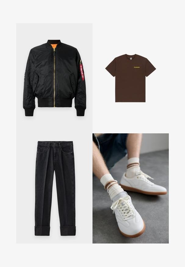 Chaqueta bomber negra hecha de un tejido brillante, con cierre frontal con cremallera, puños acanalados y bajo. Cuenta con un parche con letras rojas en la manga.; Camiseta marrón de algodón de manga corta con cuello redondo y pequeño texto gráfico amarillo en el lado izquierdo del pecho.; Vaqueros de mezclilla negra con un ajuste relajado, que presentan puños doblados y un logo en relieve en el dobladillo. Diseño clásico de cinco bolsillos con costuras en contraste.; Zapatillas de cuero blanco con una textura suave, detalles en gamuza gris, suelas de goma beige y cordones planos. Combinadas con calcetines a rayas en tonos crema y marrón.