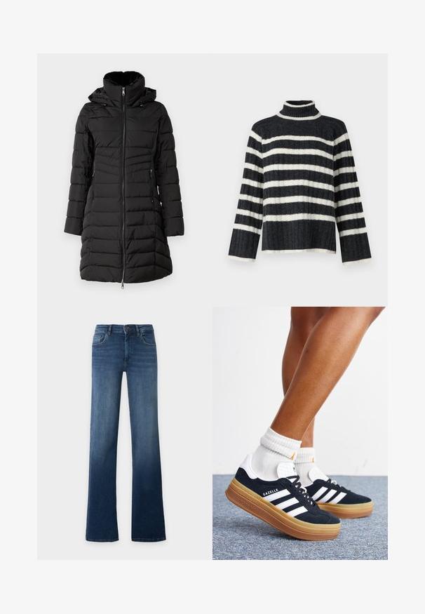 ONLY ONLHELEN PUFFER COAT - Wintermantel - black; Zwart-wit gestreepte coltrui met een losse pasvorm, geribbelde structuur en lange mouwen. Heeft een hoge kraag en horizontale strepen.; Blauwe high-waist jeans met rechte pijpen, knoop- en ritssluiting, voor- en achterzakken, getoond op een effen lichte achtergrond.; Ben met witte sokken en zwarte Adidas Gazelle sneakers met witte strepen en dikke bruine zolen op een grijs tapijt.
