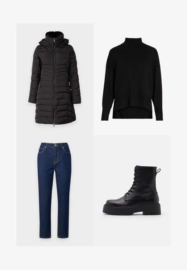 ONLY ONLHELEN PUFFER COAT - Zimný kabát - black; Čierny pletený rolák so voľným strihom, spadnutými ramenami, rebrovanými manžetami a dizajnom s vysokým a nízkym lemom. Mäkká textúra, minimálne detaily.; Tmavomodré denimové džínsy s rovný fit, s predným zipsom, zapínaním na gombík a zvýrazneným šitím na vreckách a švoch.; Čierne kožené členkové topánky s okrúhlou špičkou, šnurovaním vpredu a hrubou gumovou podrážkou s textúrovaným vzorom. Sťahovací pútko na zadnej strane.