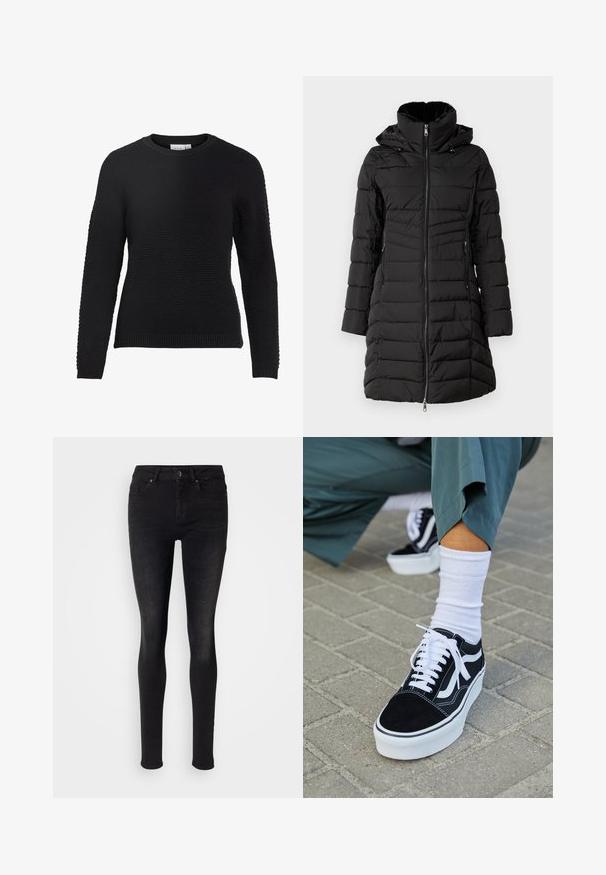 ONLY ONLHELEN PUFFER COAT - Talvemantel - black; Must svart kootud sviiter, millel on tekstureeritud muster, ümar kaelus, ning soonikust mansetid ja allääre. Pikad varrukad ja kitsas disain.; Mustad mustad teksased, klassikalise viie taskuga disainiga, esise nupu sulgemisega ja siledat, veidi kulunud tekstuuriga.; Mustjad sametist tennisjalanõud valgete aktsentide ja nööridega, millel on paks valge tald ja kontrastsed õmblused, koos valge sokiga.