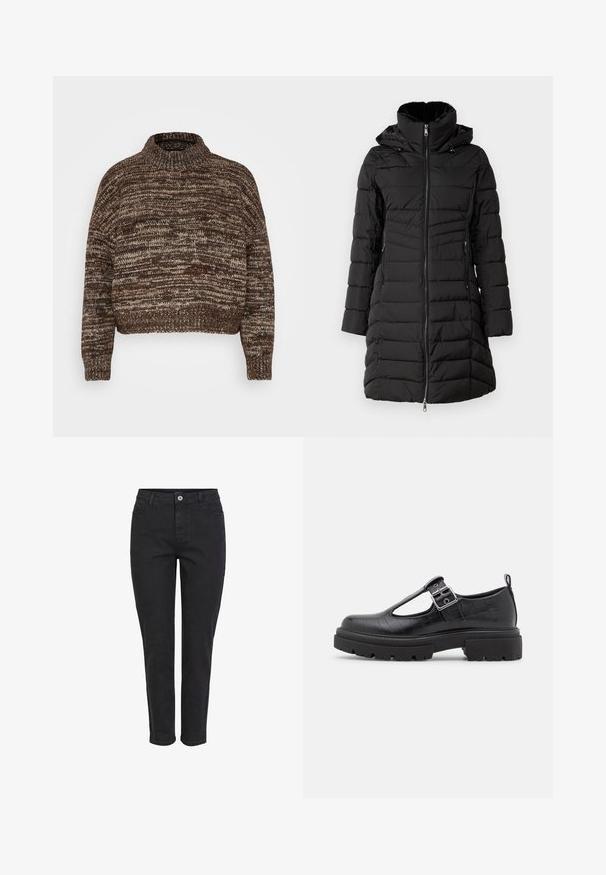 ONLY ONLHELEN PUFFER COAT - Manteau d'hiver - black; Vero Moda Petite VMDAIMA - Pullover - chocolate torte/silver mink/gold; Jeans en denim noir avec une coupe droite, dotés d'une fermeture à bouton à l'avant, de cinq poches et d'une finition texturée simple.; Chaussure en simili cuir noir avec texture crocodile, bout arrondi, bride à la cheville avec boucle métallique et semelle en caoutchouc épaisse.