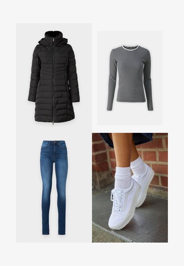 ONLY ONLHELEN PUFFER COAT - Talvemantel - black; Pikendusega must-valge triibuline t-särk, millel on ümmargune kaelus ja sooniktekstuur. Valmistatud venivast kangast.; Tumedates sinised teksad. Kõrge vöökohaga disain, viie tasku detailid, nööbiga sulgemine ning kerge fade jalgadel.; Valged kanvas tennisikud kummitaldadega, kuue silmaga, ümmarguse varbaga ja kergete tikandite detailidega, koos valgete pahkluusokkidega.