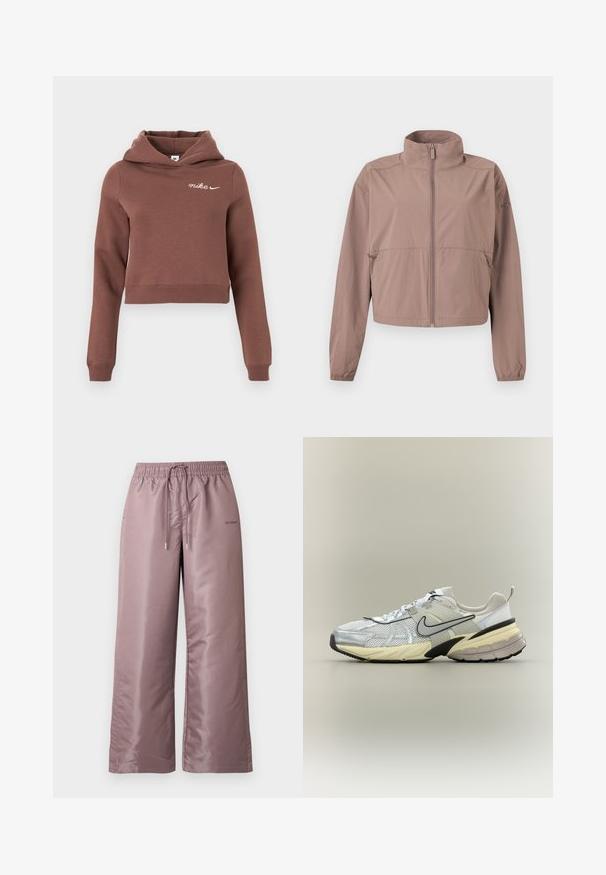 Lys mauve lynlåstrøje med opretstående krave, elastiske manchetter og lynlåslommer, vist fladt mod en hvid baggrund.; Brun cropped hoodie med lange ærmer og hvidt Nike-logo på øverste venstre bryst, præsenteret på en plain lys baggrund.; Lyserøde bukser med vide ben lavet af glat nylon. Har elastisk talje med snøre og branding på siden.; Hvid og grå Nike-sneaker med mesh-overdel, sort swoosh, beige mellemsål og sort ydersål på en lys baggrund.
