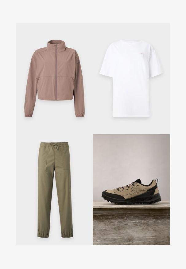Veste mauve claire à fermeture éclair avec col montant, poignets élastiques et poches zippées, présentée à plat sur un fond blanc.; T-shirt blanc à manches courtes avec col rond et petit logo Columbia rose sur le haut gauche de la poitrine, sur un fond uni.; Pantalon vert olive en tissu lisse avec une ceinture élastique, un cordon de serrage ajustable et des poignets élastiques aux chevilles.; Chaussure de randonnée basse beige et noire avec semelle robuste, lacets roses et tirette à l'arrière, conçue pour une utilisation en extérieur.