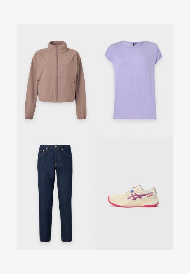 Lys mauve lynlåstrøje med opretstående krave, elastiske manchetter og lynlåslommer, vist fladt mod en hvid baggrund.; Lilafarvet T-shirt med korte ærmer, rund halsudskæring og op-rullede ærmekanter, vist på en ensfarvet lys baggrund.; Mørkeblå slim-fit denimjeans med forreste knap, lynlås og fem-lomme-design mod en ensartet lys baggrund.; Cremefarvet sportsko med en lyserød sål, blå og lilla accenter, perforeret overdel og design med rund tå.