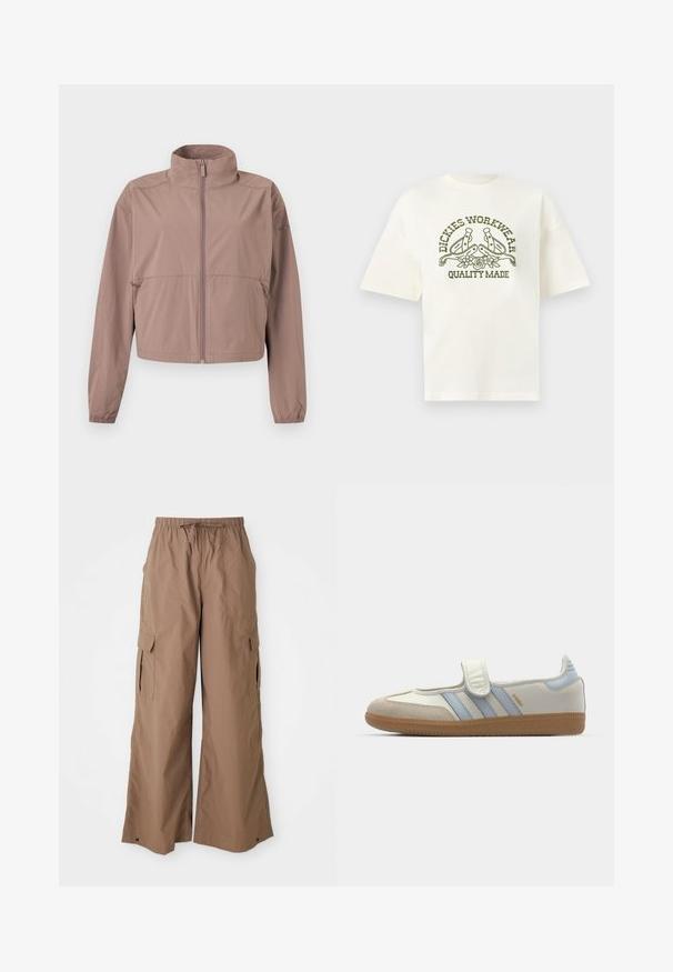 Veste mauve claire à fermeture éclair avec col montant, poignets élastiques et poches zippées, présentée à plat sur un fond blanc.; T-shirt blanc à manches courtes avec texte vert olive « Dickies Workwear Quality Made » et motif de deux éperons et fleurs sur le devant.; Pantalons cargo amples marron avec taille à cordon et poches latérales à rabat, design à jambes larges, présentés sur fond blanc.; adidas Originals SAMBA JANE BALLERINA - Babies - cloud white/halo blue