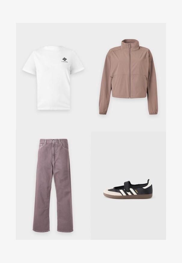 Veste mauve claire à fermeture éclair avec col montant, poignets élastiques et poches zippées, présentée à plat sur un fond blanc.; T-shirt blanc à manches courtes avec un petit logo Columbia noir sur le côté gauche de la poitrine, présenté sur un fond gris clair uni.; Pantalons larges dans une teinte lavande douce, en denim. Comprend cinq poches, une fermeture à bouton et des accents de couture subtils.; Baskets noires et beiges avec une bride en velcro, trois bandes blanches sur le côté, et une semelle en caoutchouc marron texturée. Logo de la marque visible.