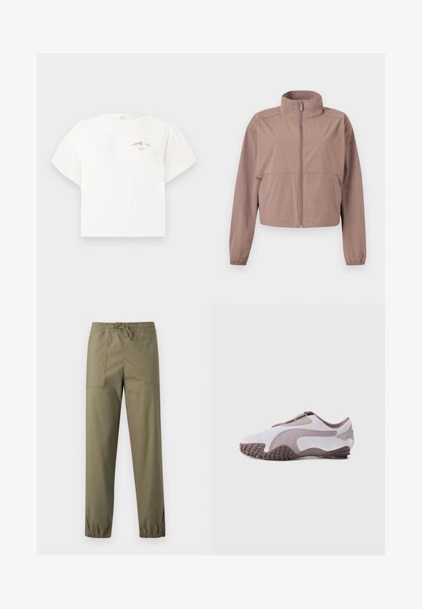 Veste mauve claire à fermeture éclair avec col montant, poignets élastiques et poches zippées, présentée à plat sur un fond blanc.; T-shirt blanc à manches courtes en coton, doté d'un petit motif de montagne dorée sur la poitrine et d'une coupe ample et carrée.; Pantalon vert olive en tissu lisse avec une ceinture élastique, un cordon de serrage ajustable et des poignets élastiques aux chevilles.; Chaussure de sport gris clair avec une tige en daim souple, une semelle en caoutchouc dotée de pointes texturées et un design flexible. Logo latéral dans une teinte plus foncée.