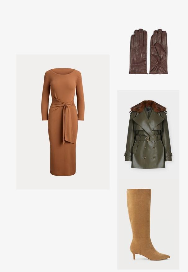 Oliven-grøn trenchcoat i imiteret læder med brun pelskrave, dobbeltradet front, bælte i taljen og gyldne metalaccents.; Brun kjole med lange ærmer og knælængde med rund halsudskæring og bindebånd i taljen, på ensartet lys baggrund.; Lauren Ralph Lauren MCKAY SUEDE TALL BOOT HEEL - Høje støvler/ Støvler - camel; Brune læderhandsker med en glat tekstur. Funktioner inkluderer fem fingre, diskret søm på bagsiden og indsamlet håndledsdetalje.